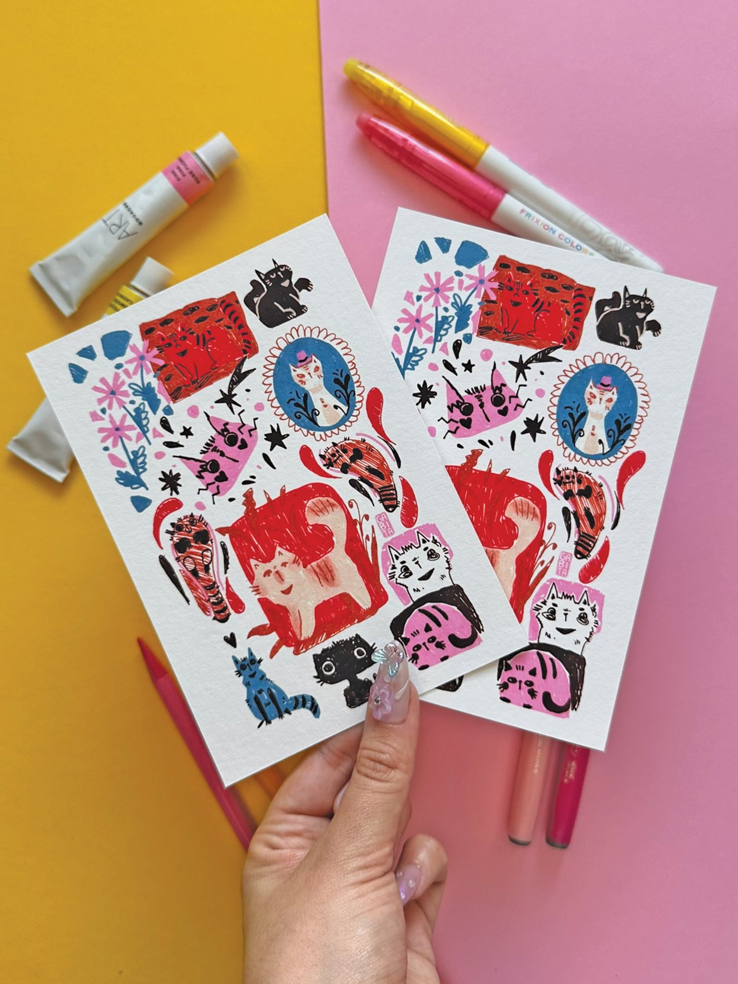 Colorful Quirky Cats A6 Art Print on Fine Art Paper- Adorable Hand-Drawn Illustration - Kawaii Cat Lover Gift