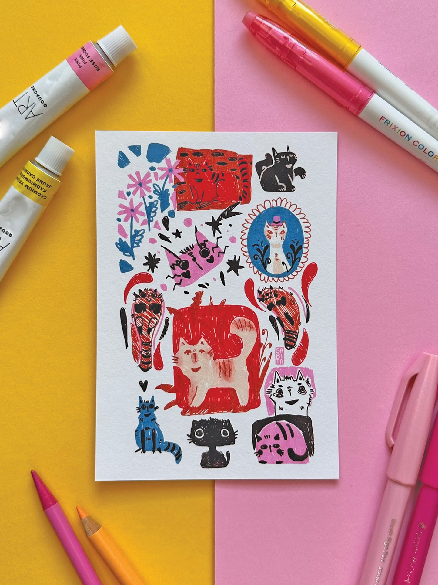 Colorful Quirky Cats A6 Art Print on Fine Art Paper- Adorable Hand-Drawn Illustration - Kawaii Cat Lover Gift