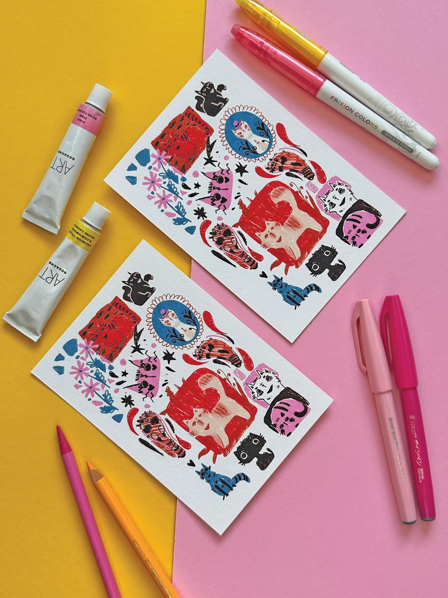 Colorful Quirky Cats A6 Art Print on Fine Art Paper- Adorable Hand-Drawn Illustration - Kawaii Cat Lover Gift