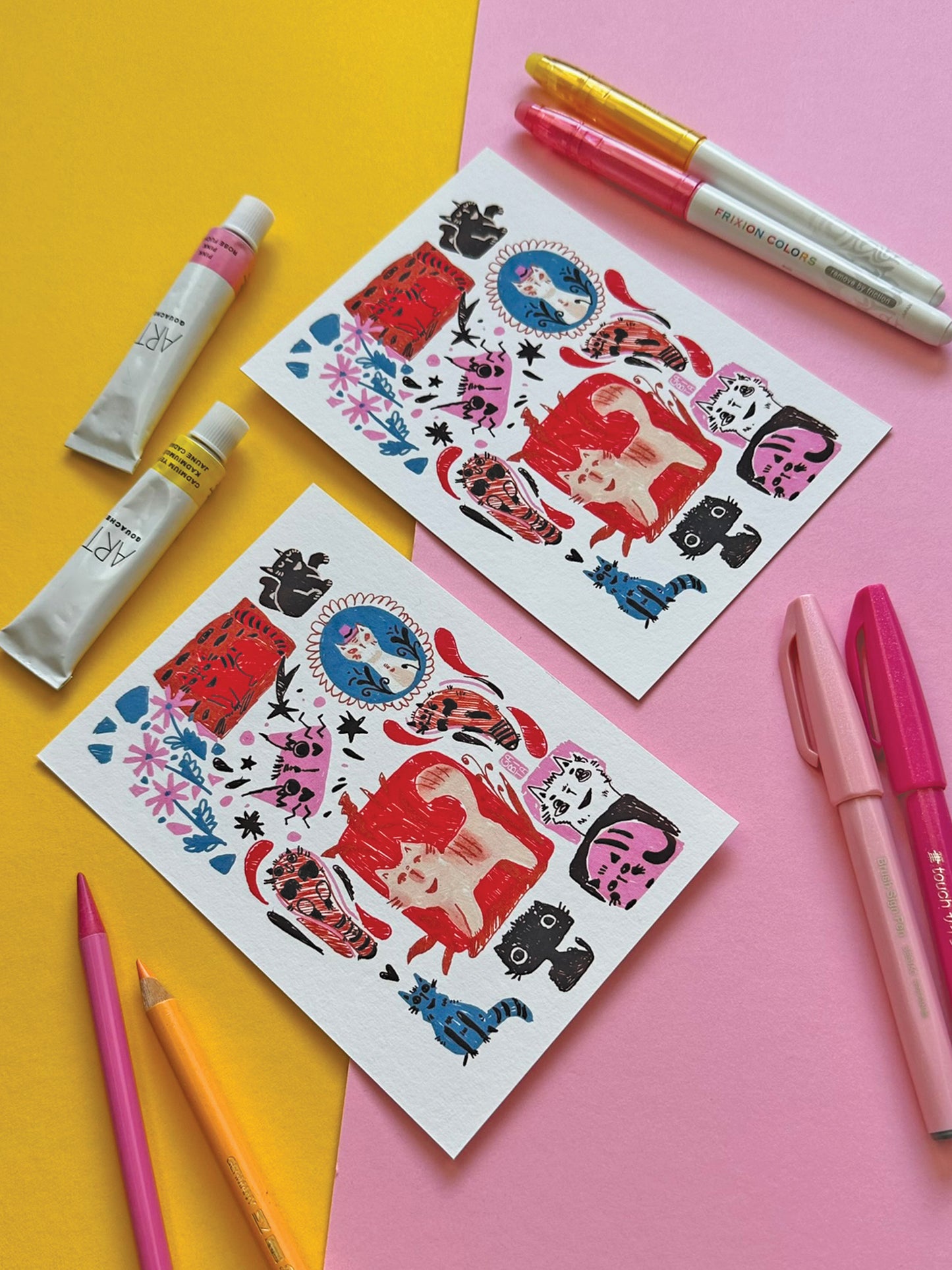 Colorful Quirky Cats A6 Art Print on Fine Art Paper- Adorable Hand-Drawn Illustration - Kawaii Cat Lover Gift