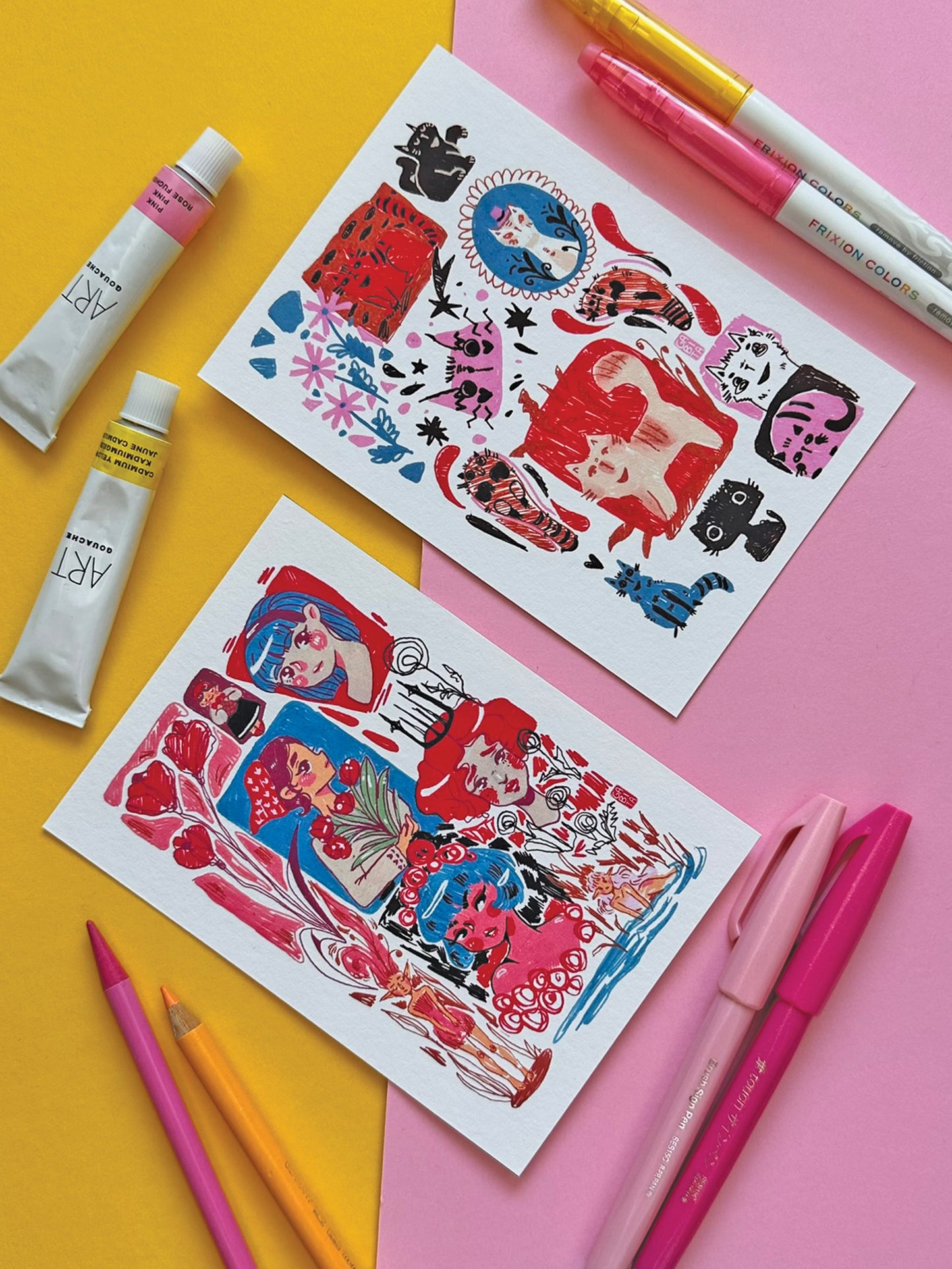 Colorful Quirky Cats A6 Art Print on Fine Art Paper- Adorable Hand-Drawn Illustration - Kawaii Cat Lover Gift