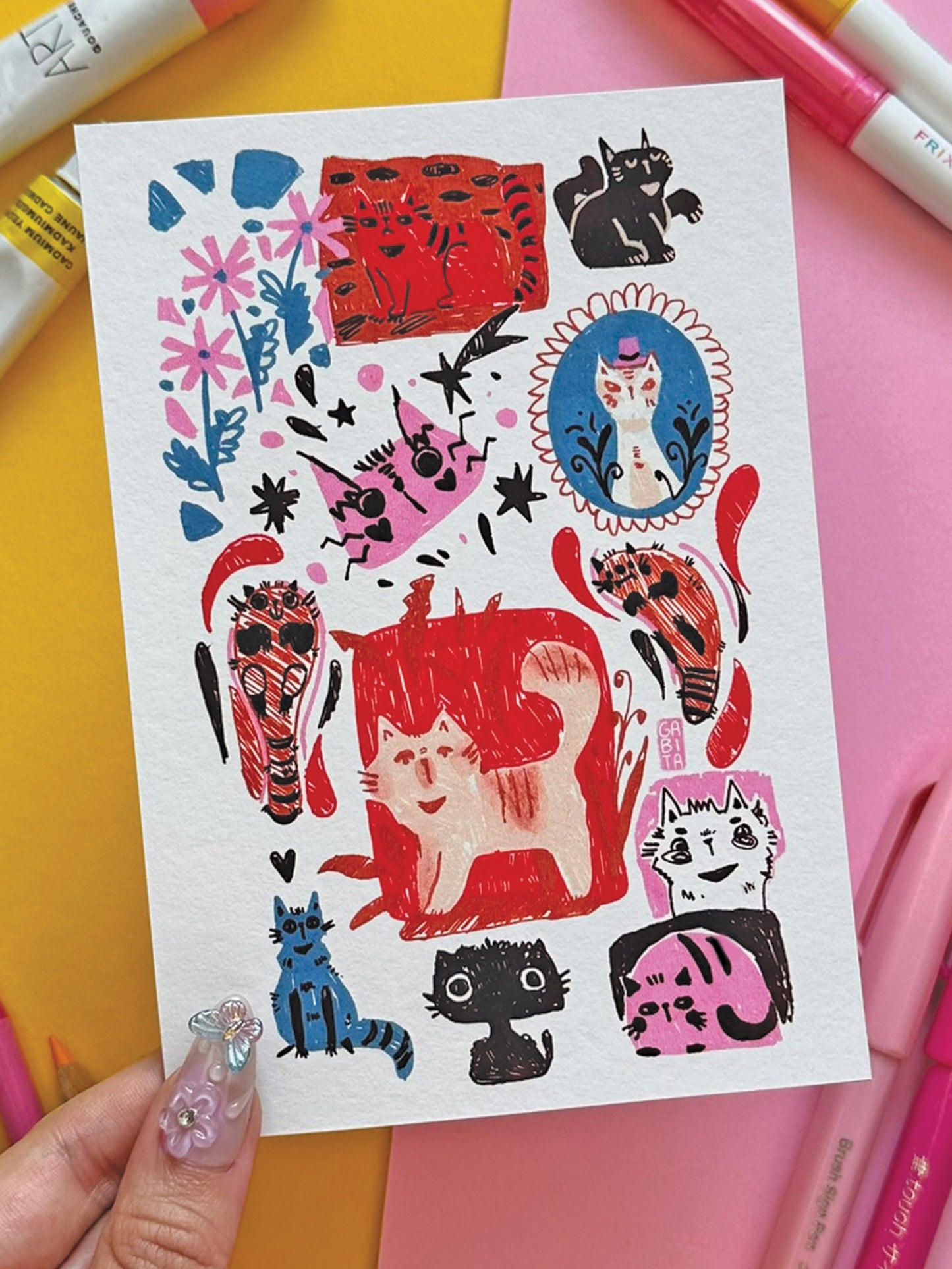 Colorful Quirky Cats A6 Art Print on Fine Art Paper- Adorable Hand-Drawn Illustration - Kawaii Cat Lover Gift