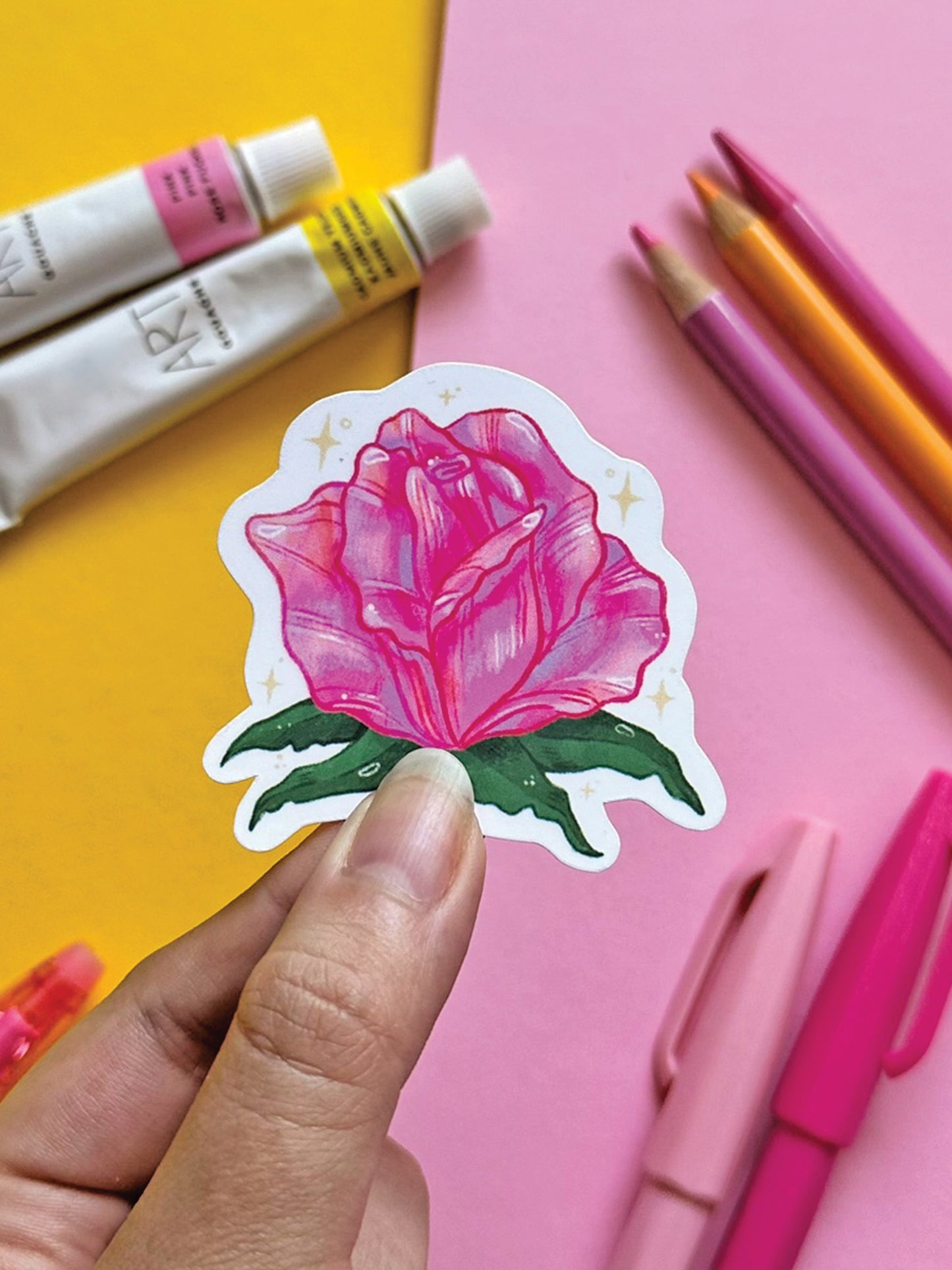 Pink Rose Flower Sticker - Hand Drawn Spring Vinyl Decal for Stationery and Cute Gift Idea