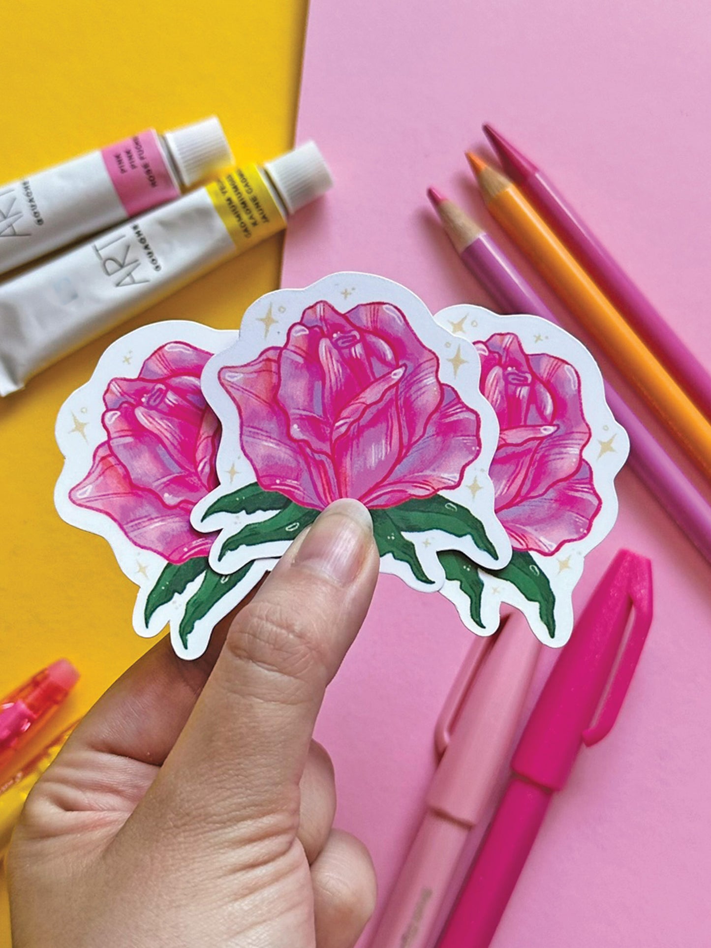Pink Rose Flower Sticker - Hand Drawn Spring Vinyl Decal for Stationery and Cute Gift Idea