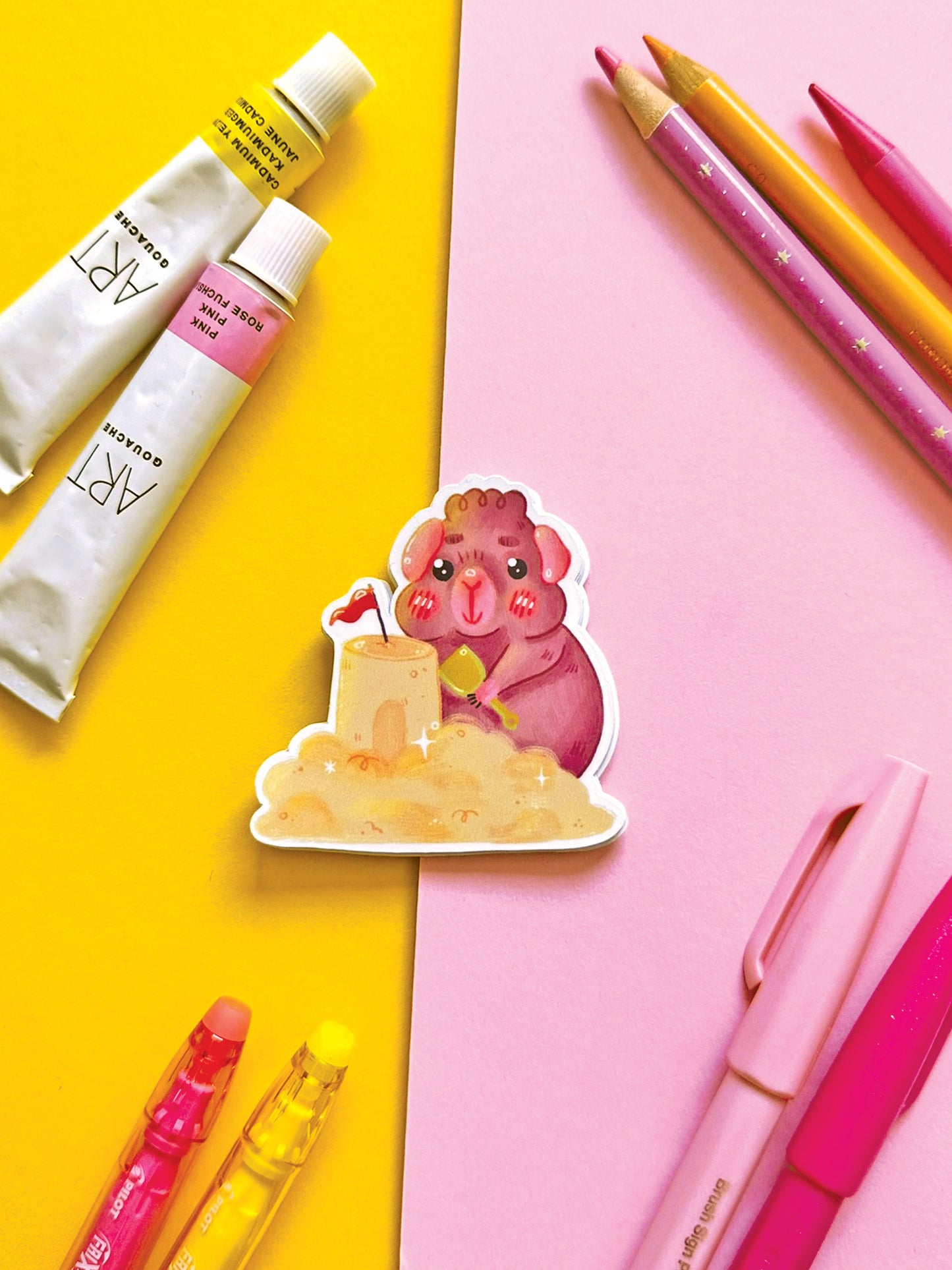 Kawaii Guinea Pig Sticker with Sandcastle, Vinyl Decal for Stationery Decor, Adorable Animal Art