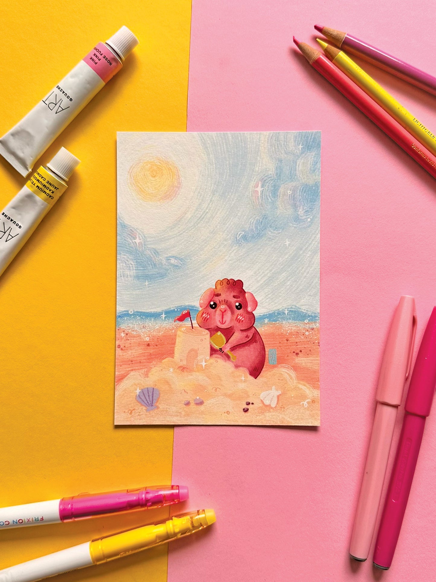 Kawaii Guinea Pig with Sandcastle Art Print, Adorable Hand-Drawn Illustration