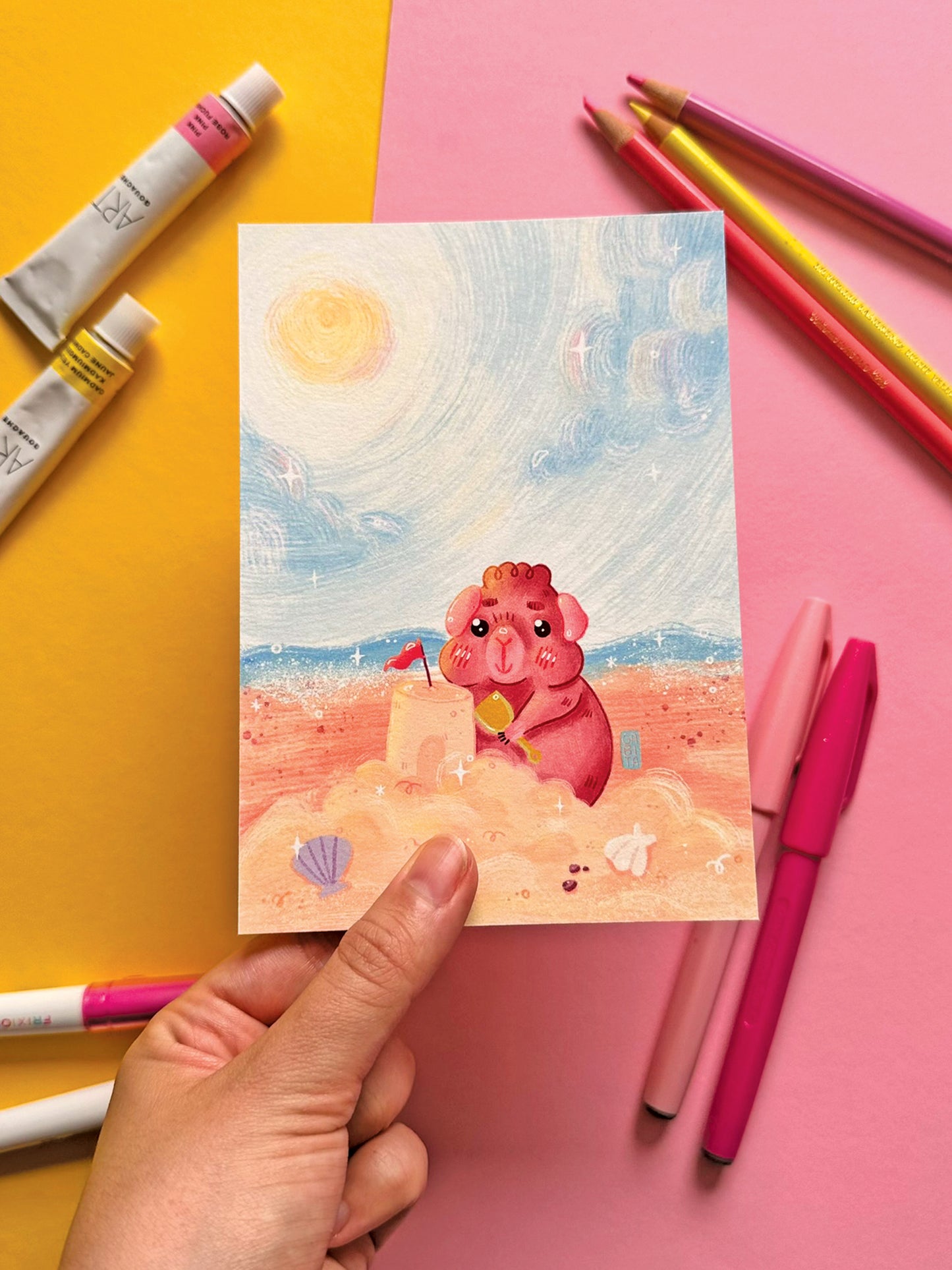 Kawaii Guinea Pig with Sandcastle Art Print, Adorable Hand-Drawn Illustration