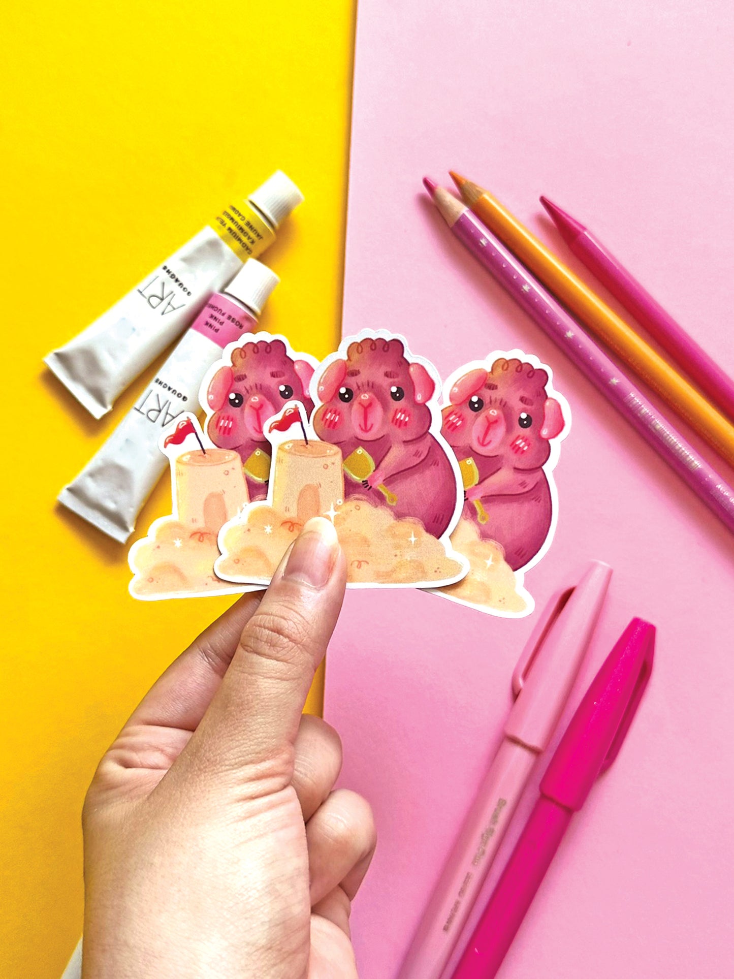 Kawaii Guinea Pig Sticker with Sandcastle, Vinyl Decal for Stationery Decor, Adorable Animal Art