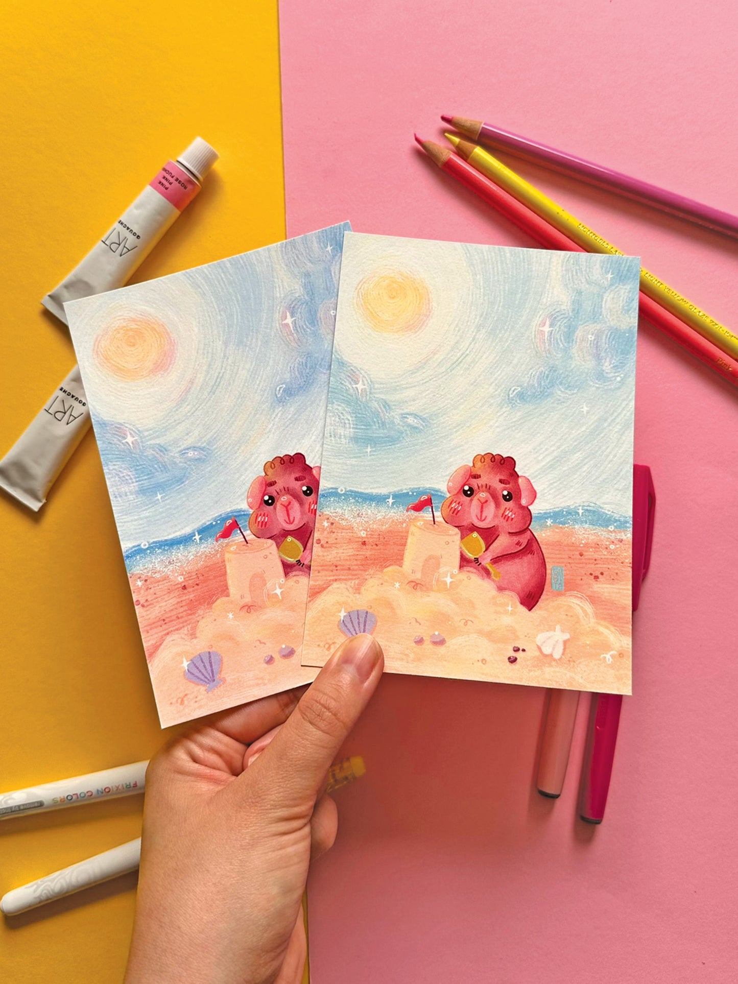 Kawaii Guinea Pig with Sandcastle Art Print, Adorable Hand-Drawn Illustration