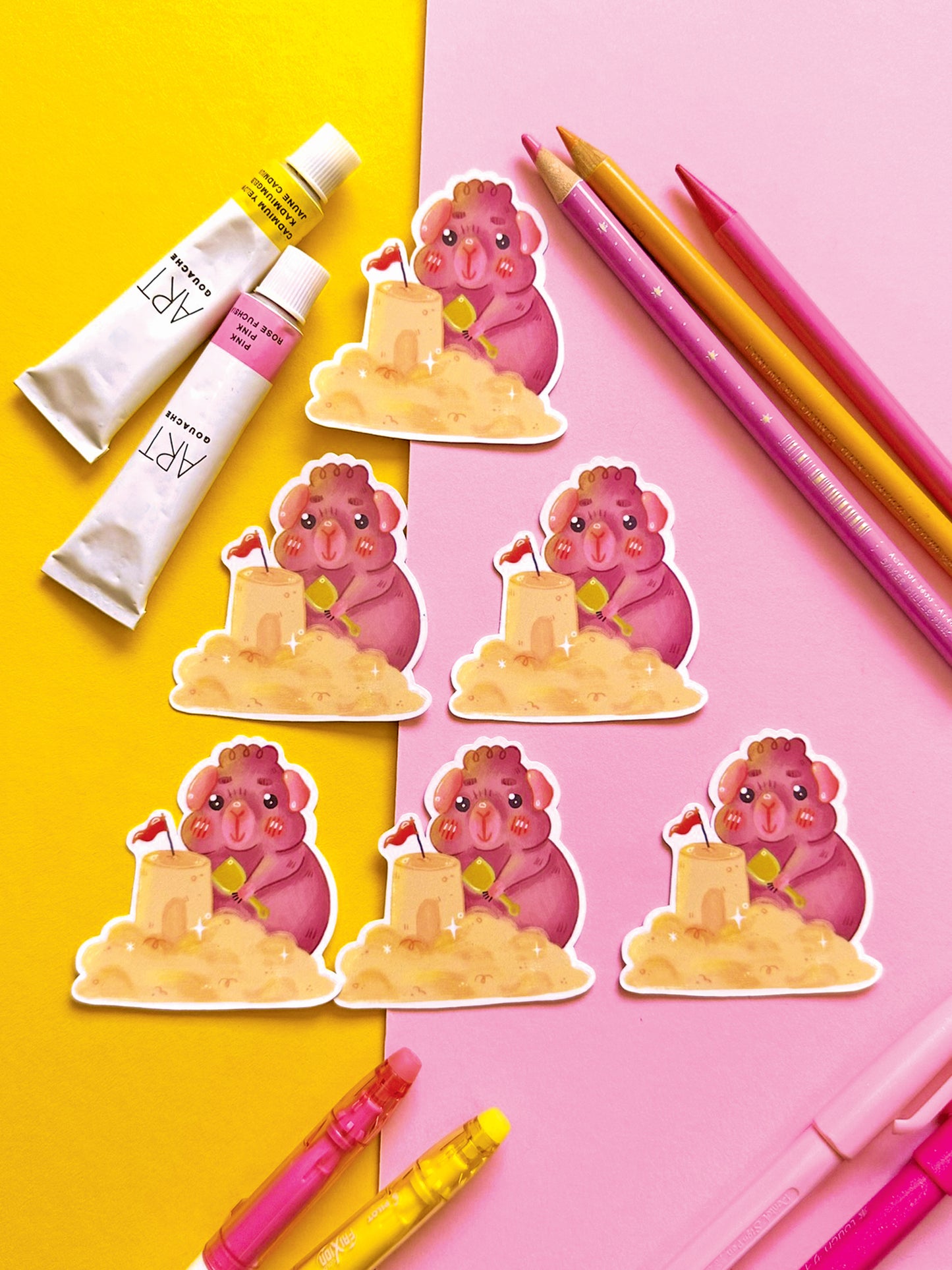 Kawaii Guinea Pig Sticker with Sandcastle, Vinyl Decal for Stationery Decor, Adorable Animal Art