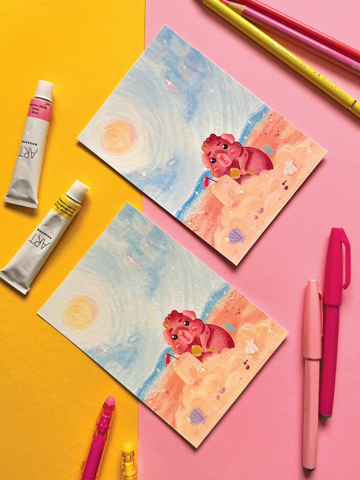 Kawaii Guinea Pig with Sandcastle Art Print, Adorable Hand-Drawn Illustration