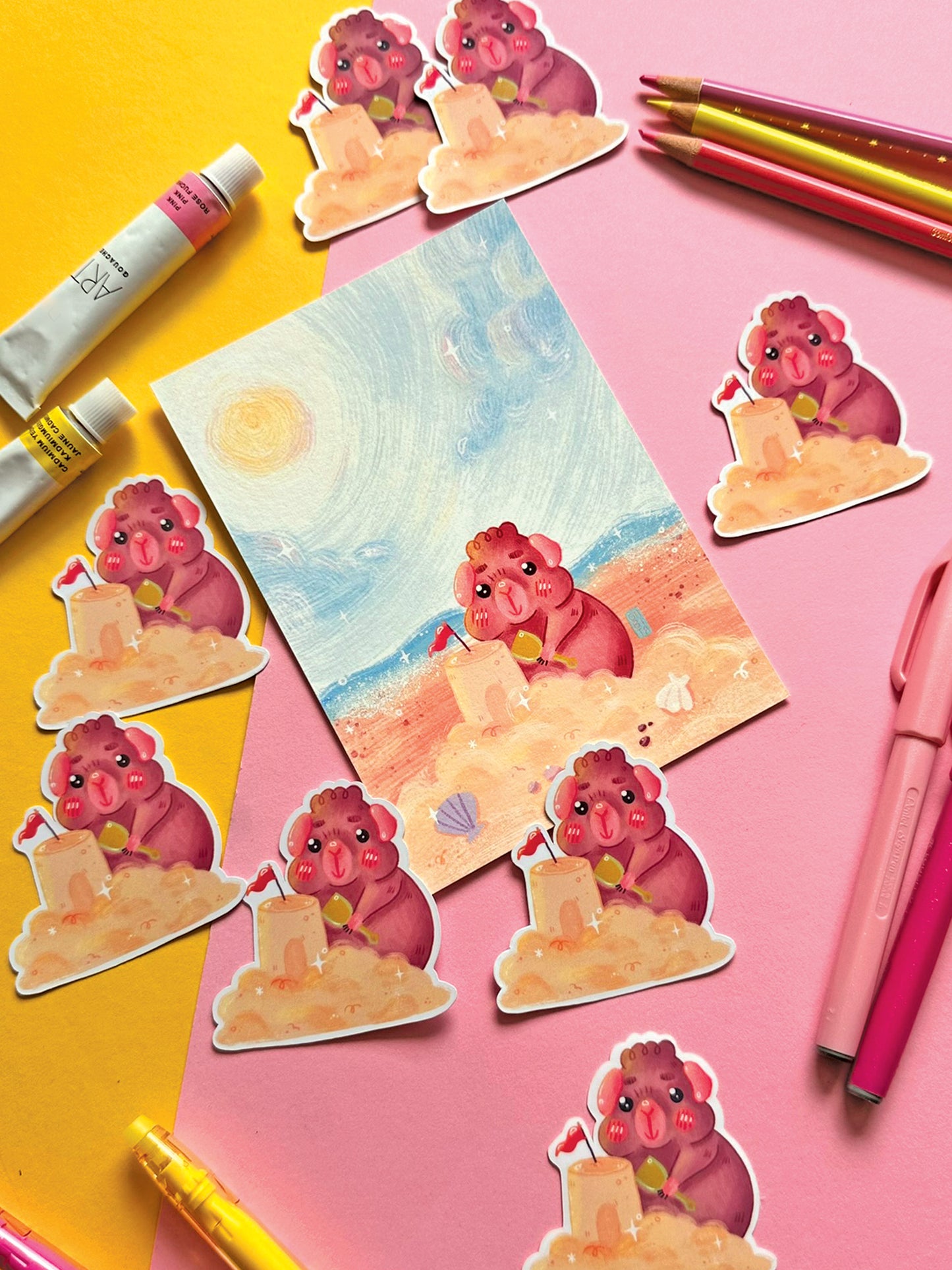 Kawaii Guinea Pig Sticker with Sandcastle, Vinyl Decal for Stationery Decor, Adorable Animal Art