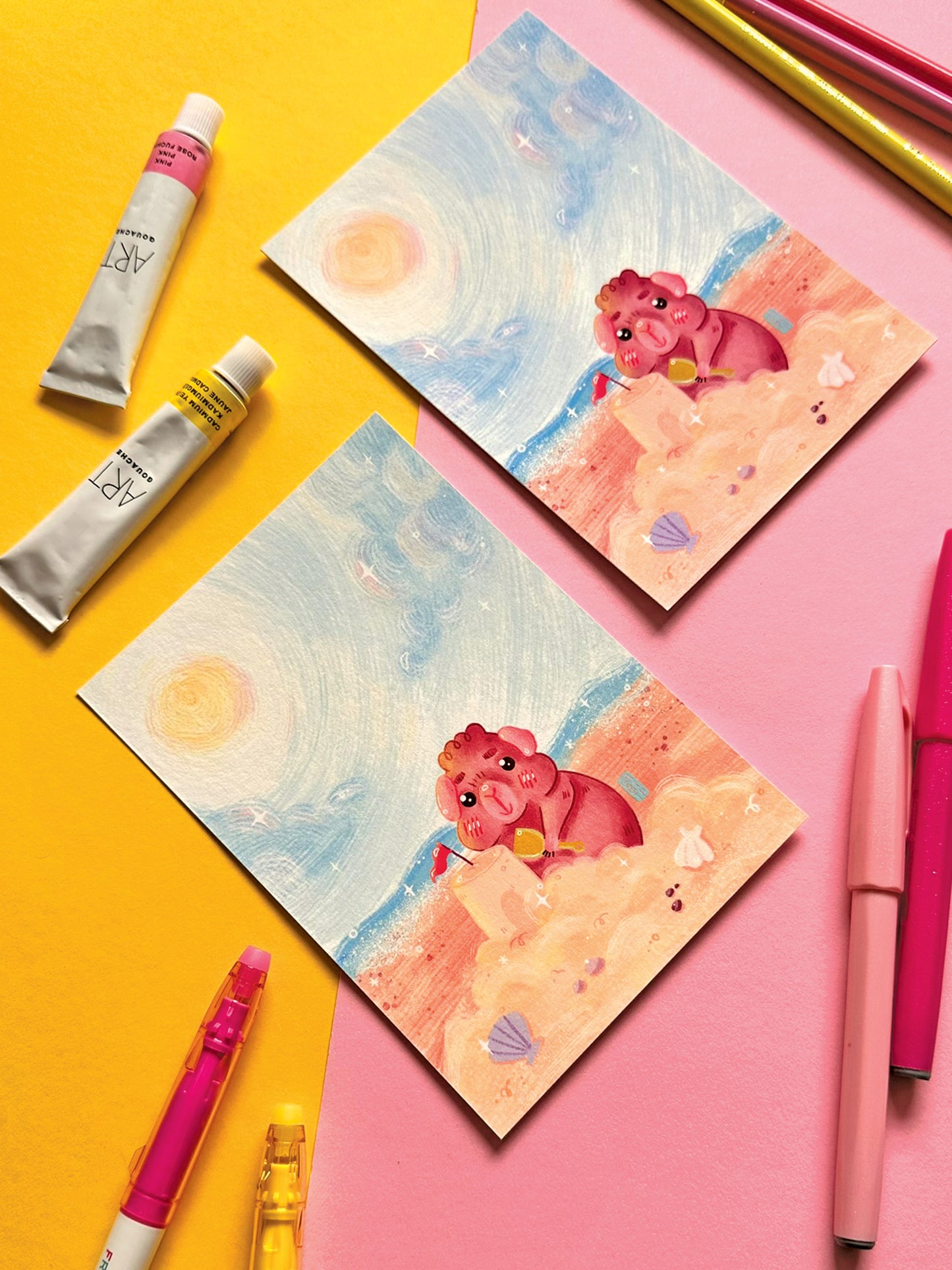 Kawaii Guinea Pig with Sandcastle Art Print, Adorable Hand-Drawn Illustration