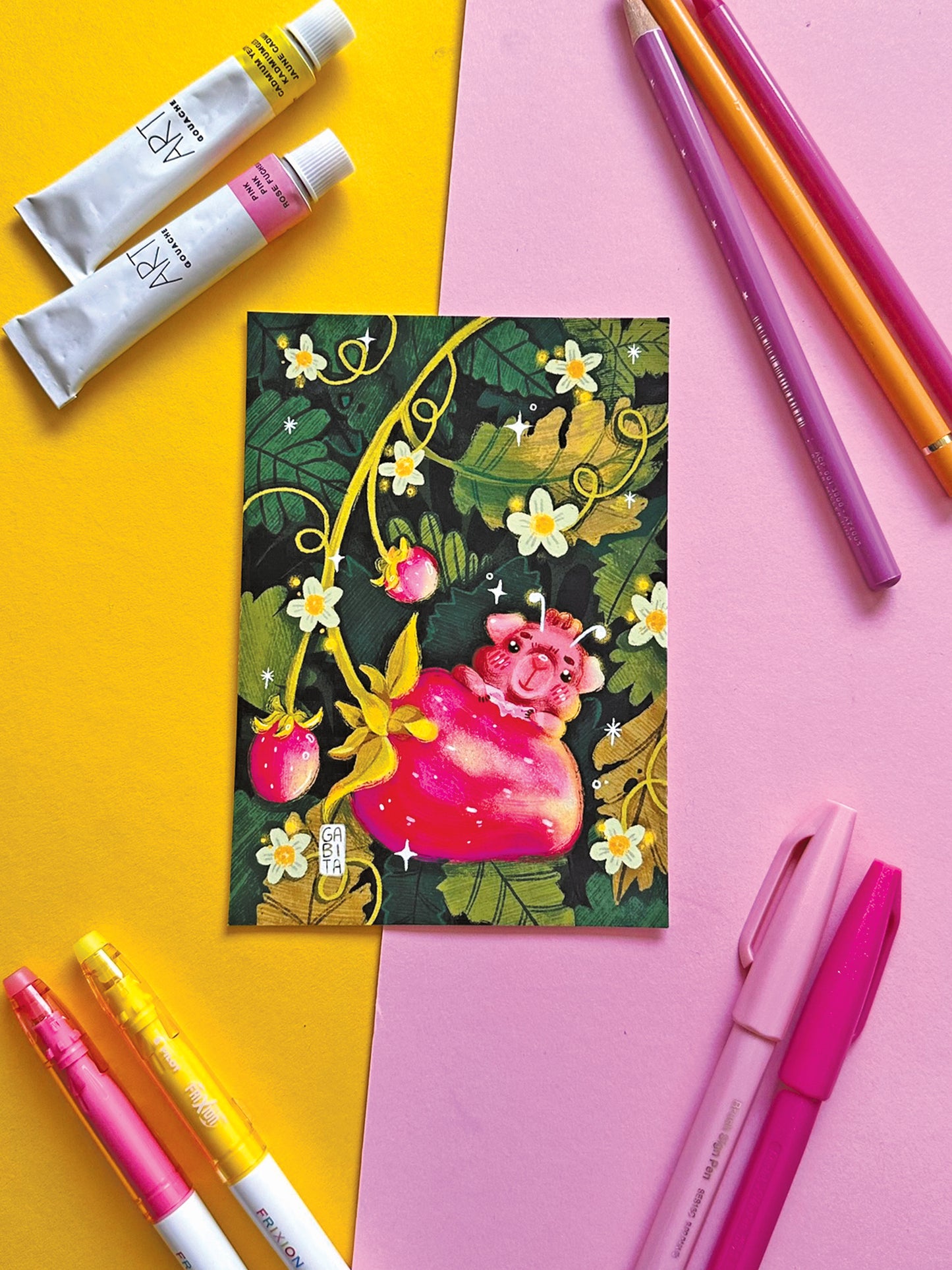 Whimsical Fairy Guinea Pig Strawberry Art Print, Adorable Hand-Drawn Illustration