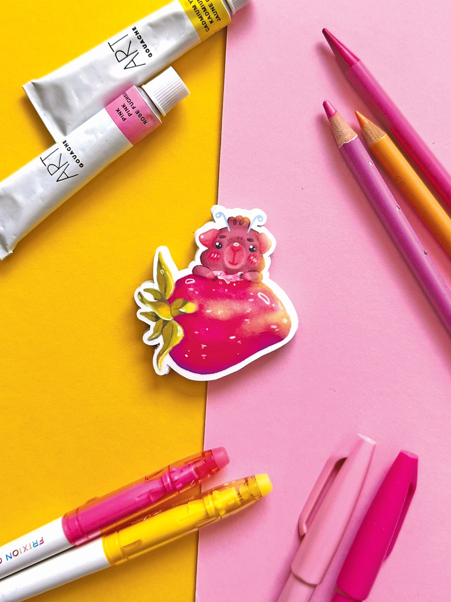 Whimsical Fairy Guinea Pig Strawberry Sticker, Kawaii Art Illustration, Stationery Decor