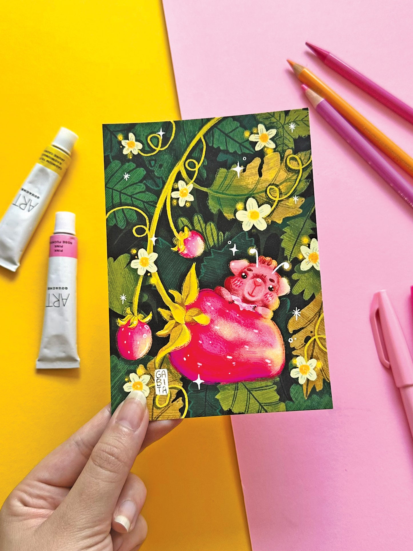 Whimsical Fairy Guinea Pig Strawberry Art Print, Adorable Hand-Drawn Illustration