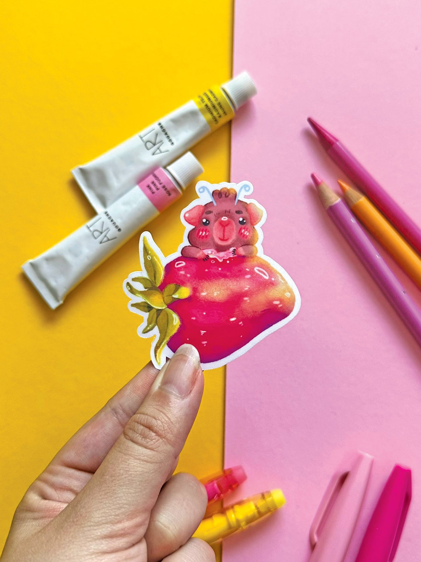 Whimsical Fairy Guinea Pig Strawberry Sticker, Kawaii Art Illustration, Stationery Decor