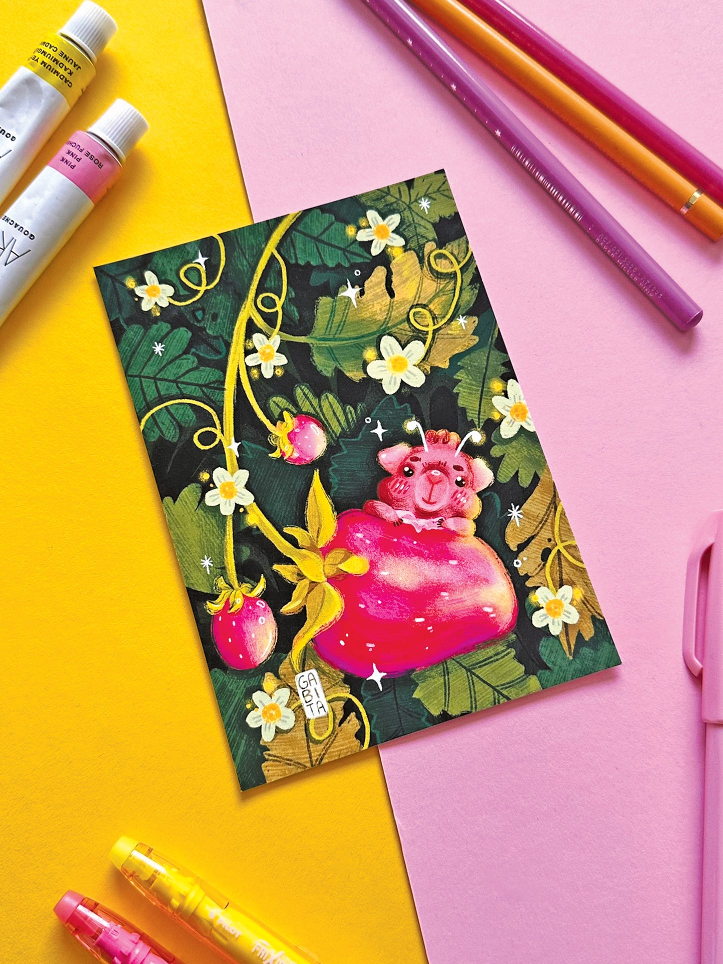 Whimsical Fairy Guinea Pig Strawberry Art Print, Adorable Hand-Drawn Illustration