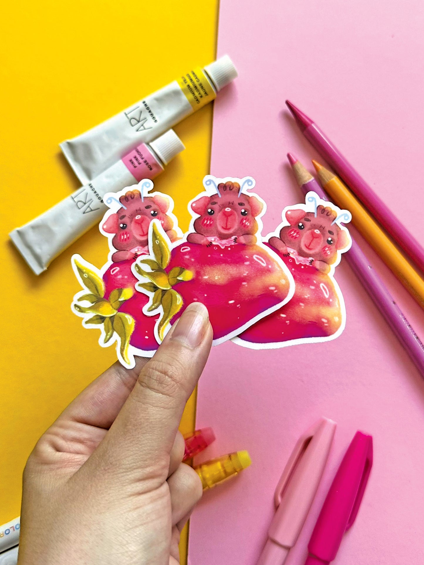 Whimsical Fairy Guinea Pig Strawberry Sticker, Kawaii Art Illustration, Stationery Decor