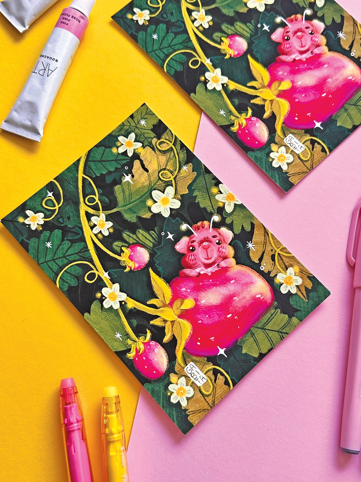 Whimsical Fairy Guinea Pig Strawberry Art Print, Adorable Hand-Drawn Illustration