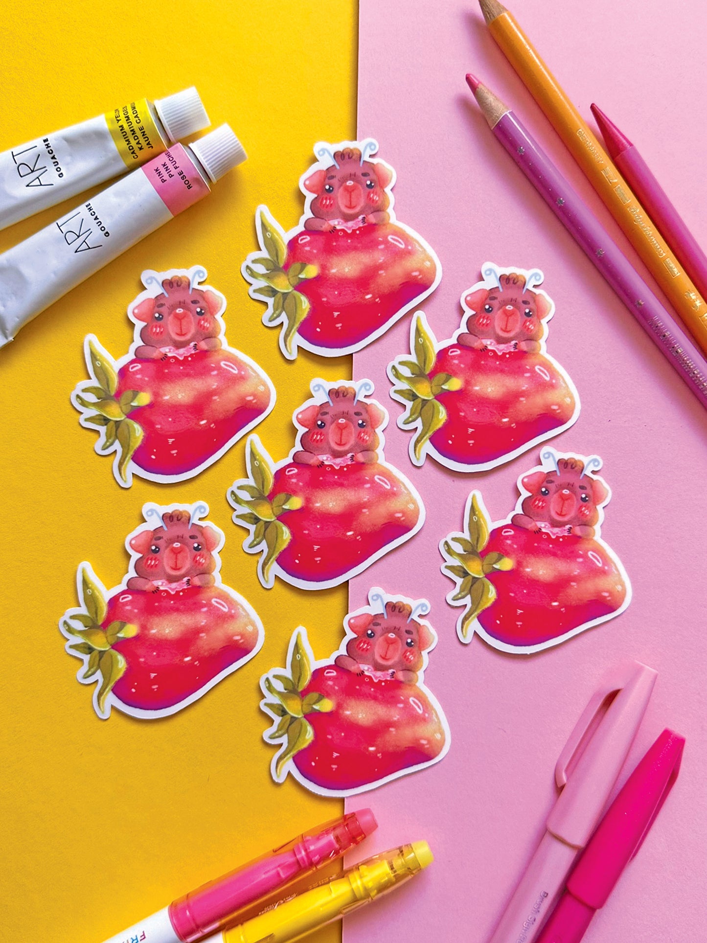 Whimsical Fairy Guinea Pig Strawberry Sticker, Kawaii Art Illustration, Stationery Decor