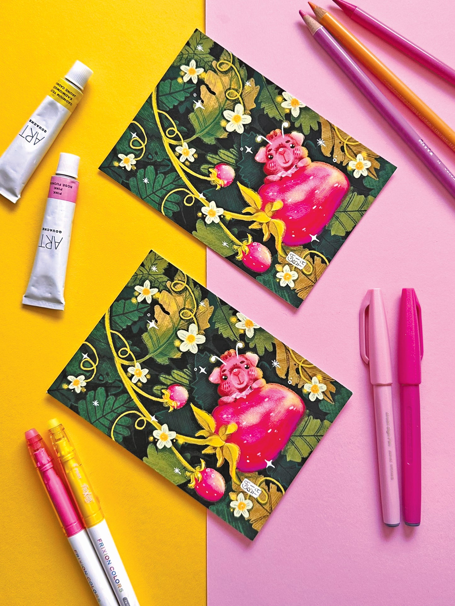 Whimsical Fairy Guinea Pig Strawberry Art Print, Adorable Hand-Drawn Illustration