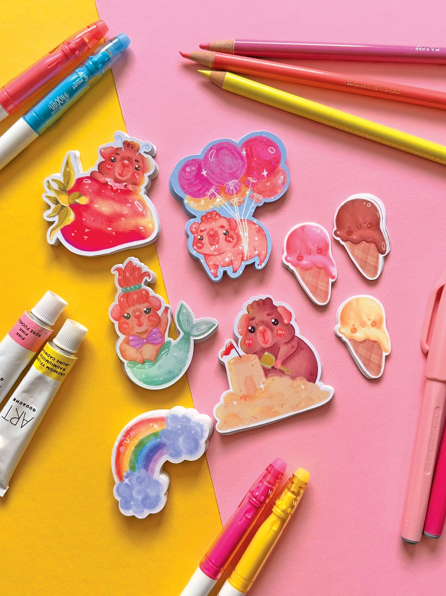 Set of 3 Kawaii Ice Cream Stickers, Strawberry Vanilla Chocolate, Cute Vinyl Decals, Stationery Decoration