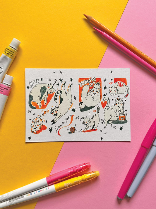 Whimsical Cat A6 Print - Hand-Drawn Adorable Cat Art on Fine Art Paper - Cat Lover's Gift