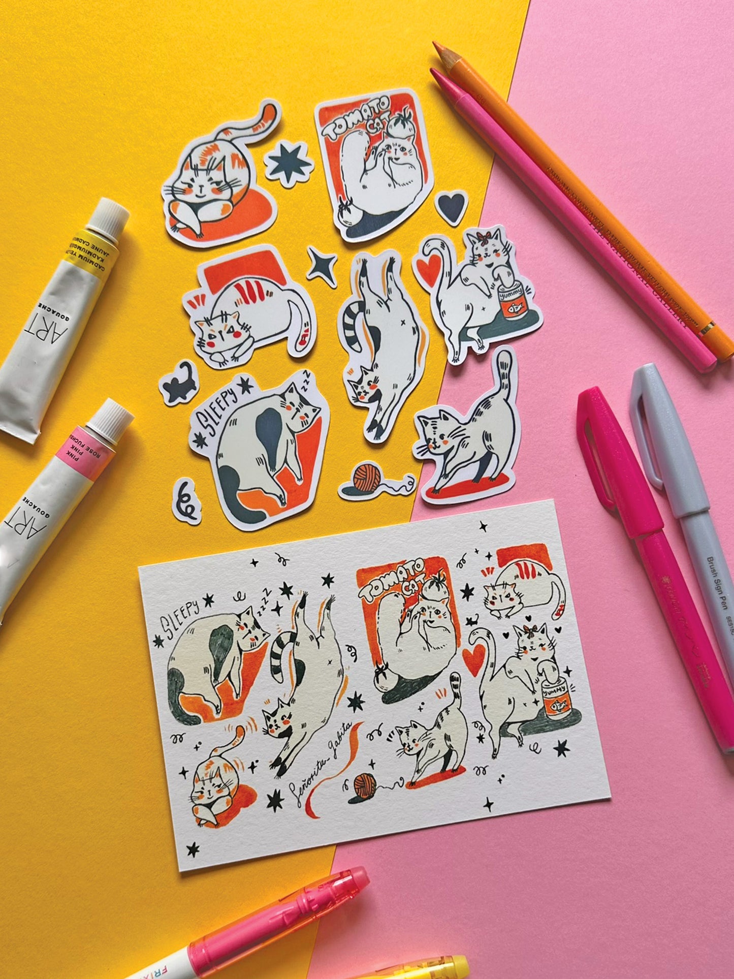 Whimsical Cat Sticker Pack - Hand-Drawn Cute Cats - Vinyl Decal Collection - Adorable Feline Art