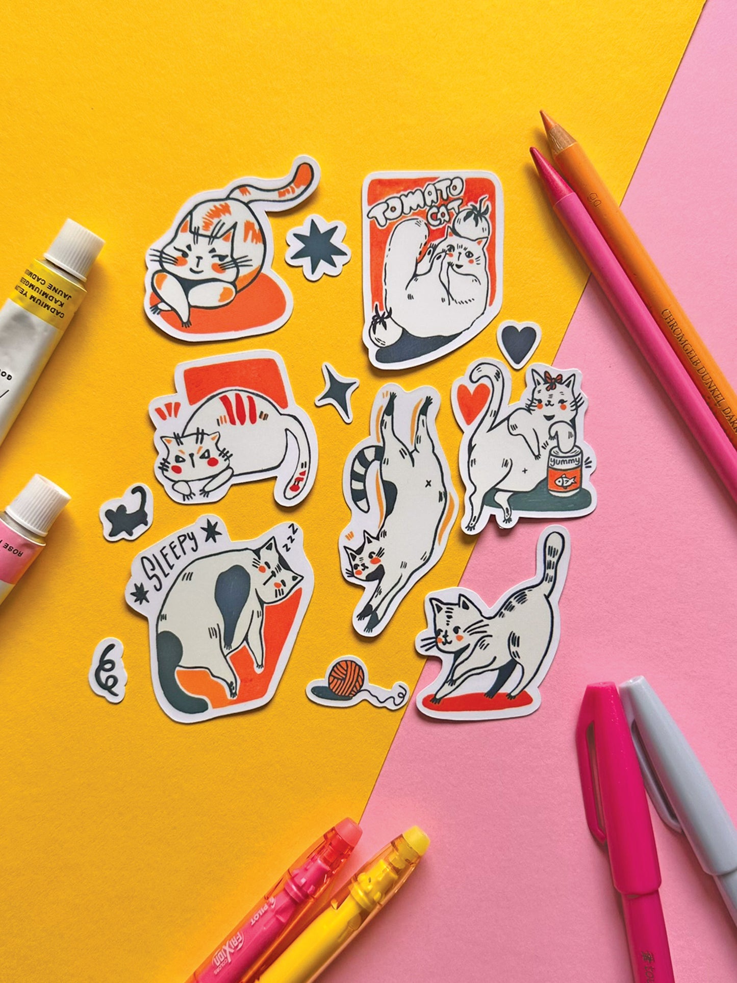 Whimsical Cat Sticker Pack - Hand-Drawn Cute Cats - Vinyl Decal Collection - Adorable Feline Art