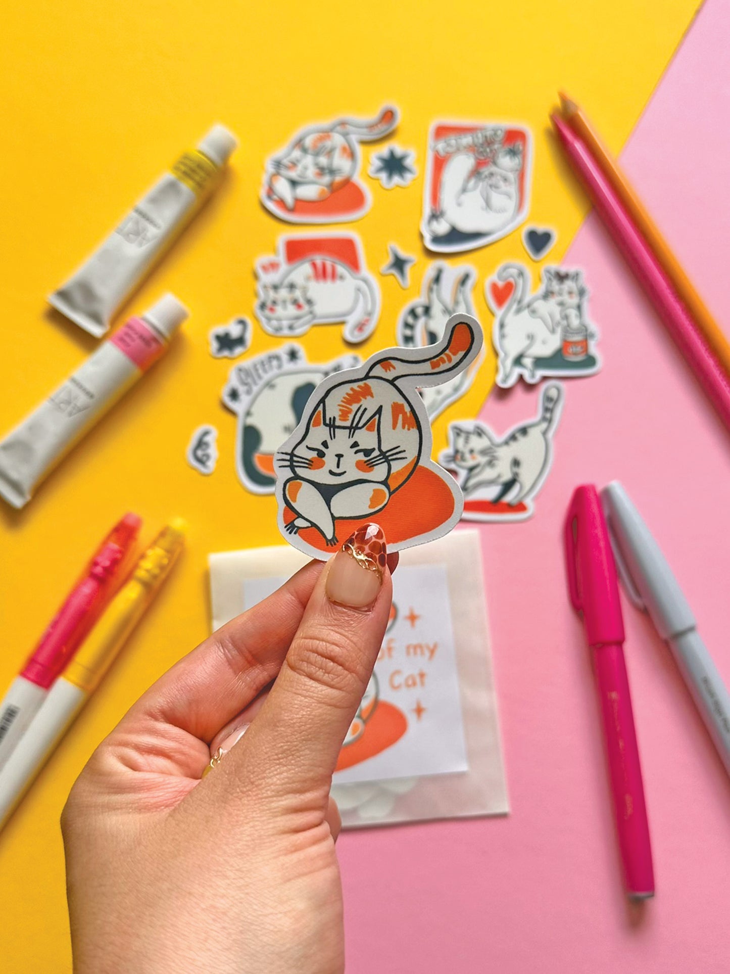 Whimsical Cat Sticker Pack - Hand-Drawn Cute Cats - Vinyl Decal Collection - Adorable Feline Art