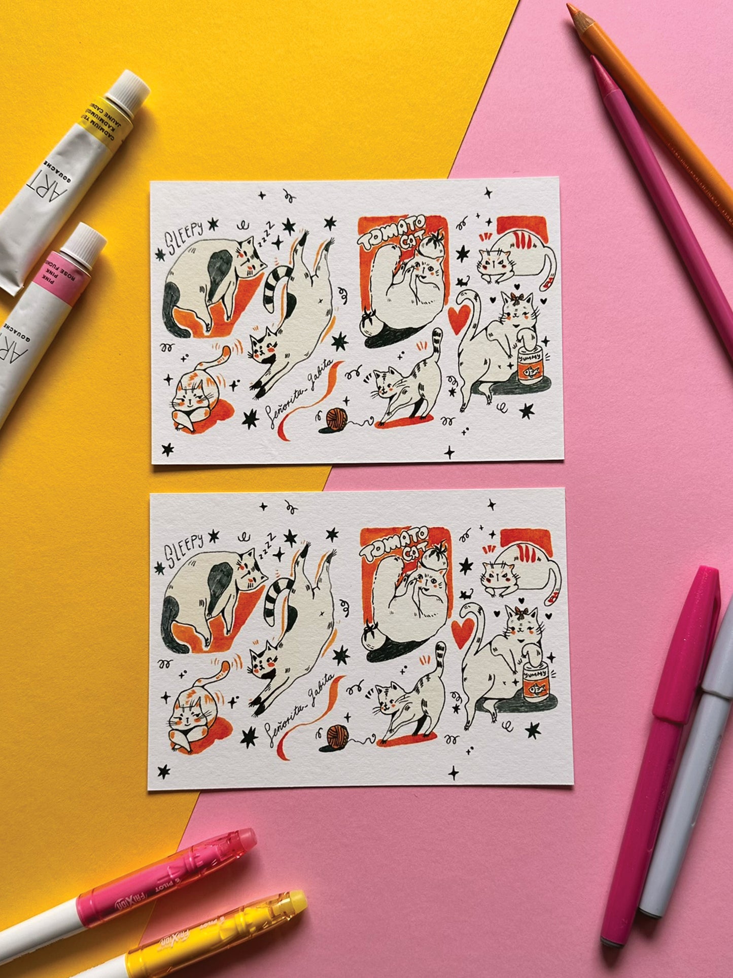 Whimsical Cat A6 Print - Hand-Drawn Adorable Cat Art on Fine Art Paper - Cat Lover's Gift