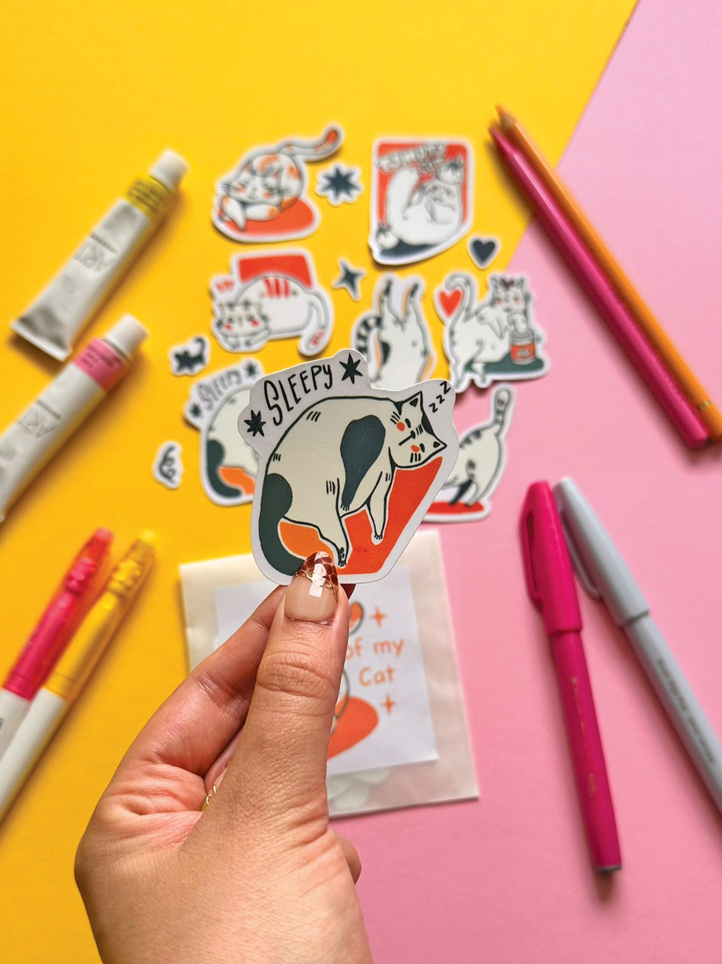 Whimsical Cat Sticker Pack - Hand-Drawn Cute Cats - Vinyl Decal Collection - Adorable Feline Art