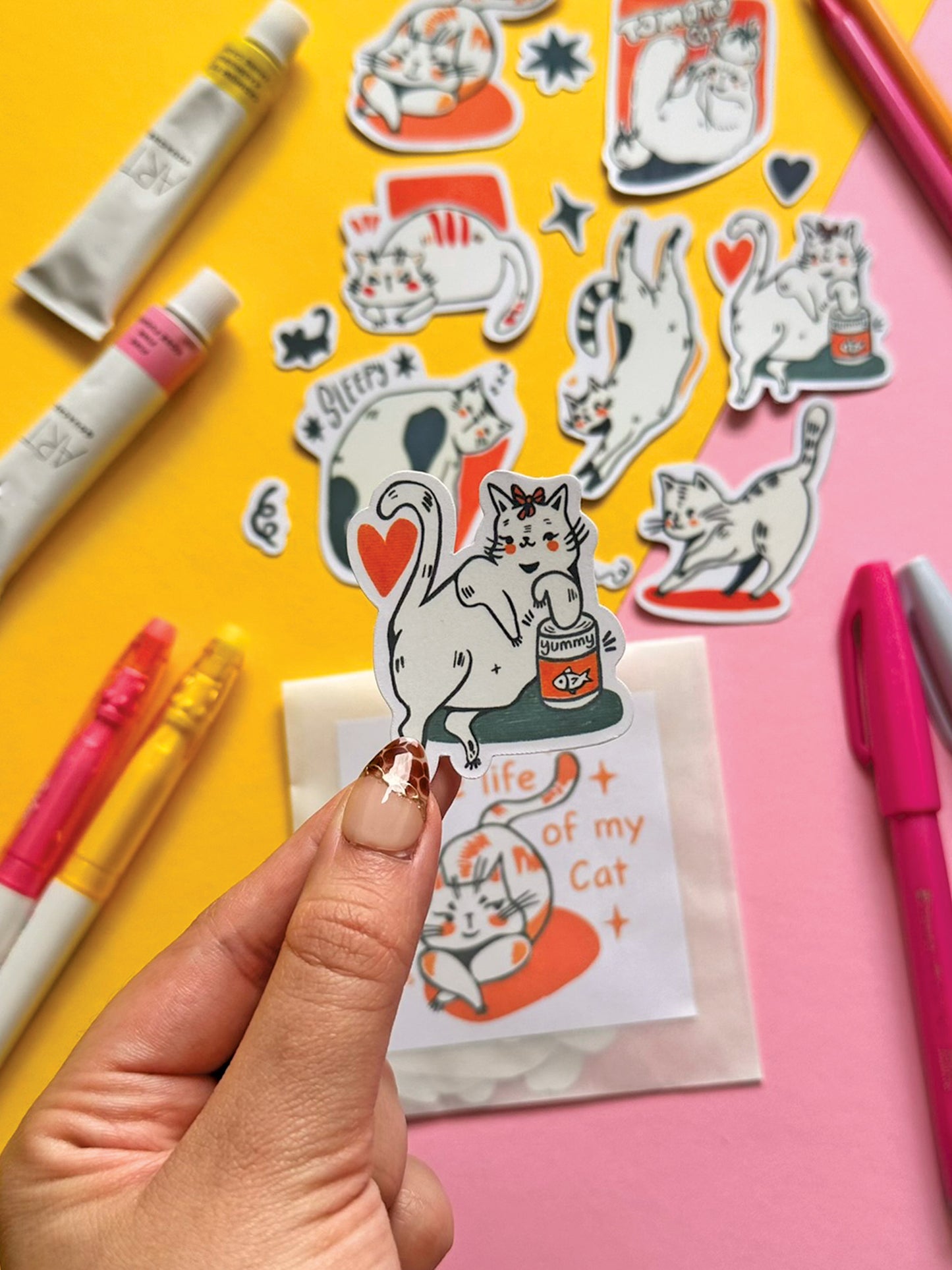 Whimsical Cat Sticker Pack - Hand-Drawn Cute Cats - Vinyl Decal Collection - Adorable Feline Art