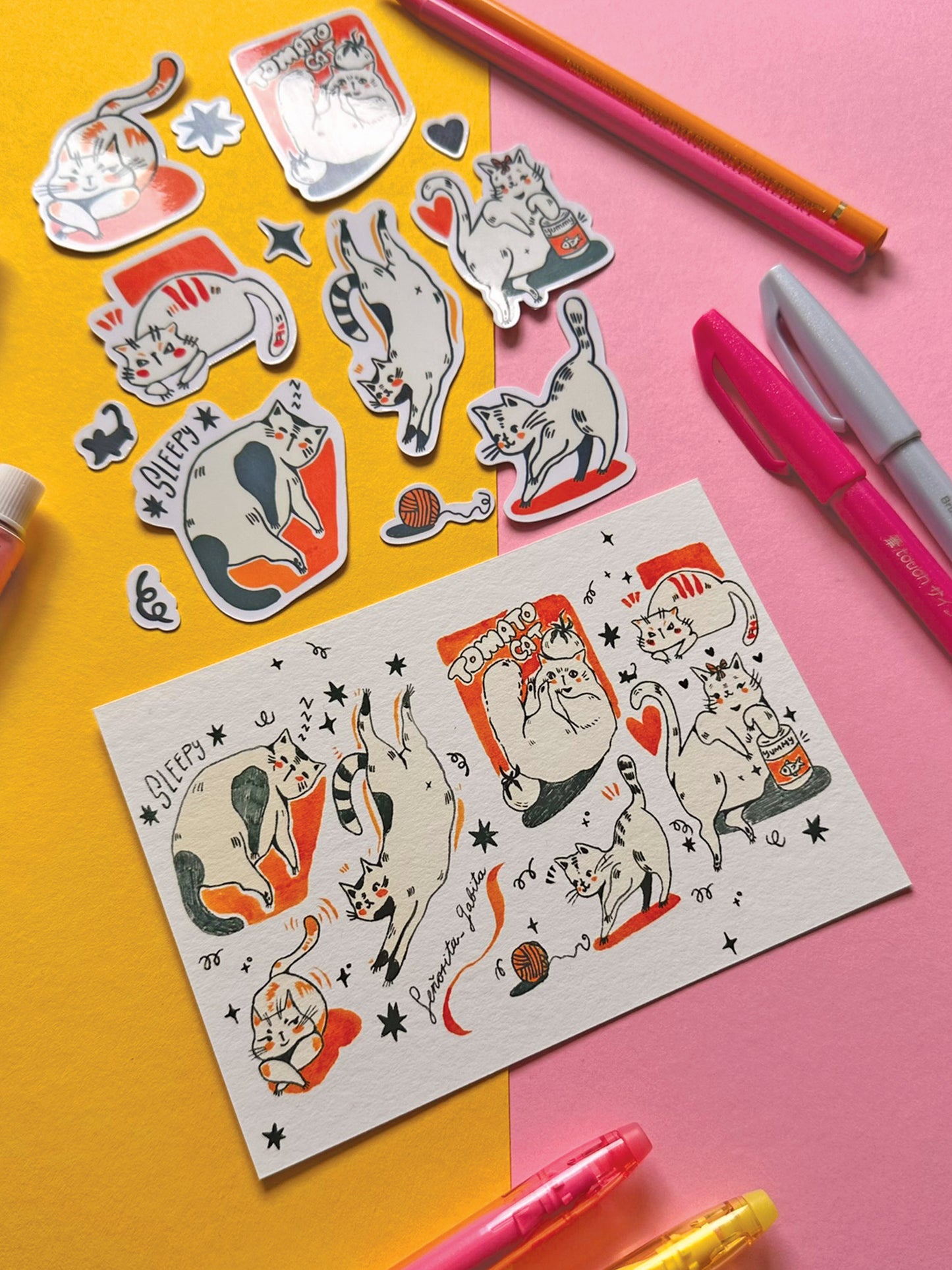 Whimsical Cat A6 Print - Hand-Drawn Adorable Cat Art on Fine Art Paper - Cat Lover's Gift