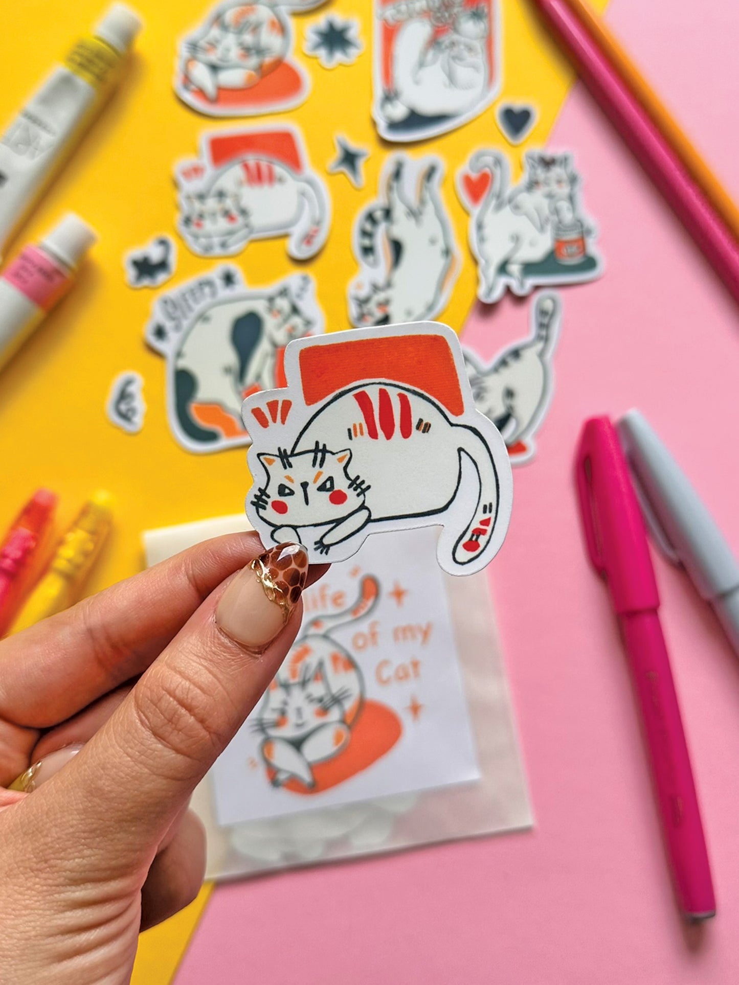 Whimsical Cat Sticker Pack - Hand-Drawn Cute Cats - Vinyl Decal Collection - Adorable Feline Art