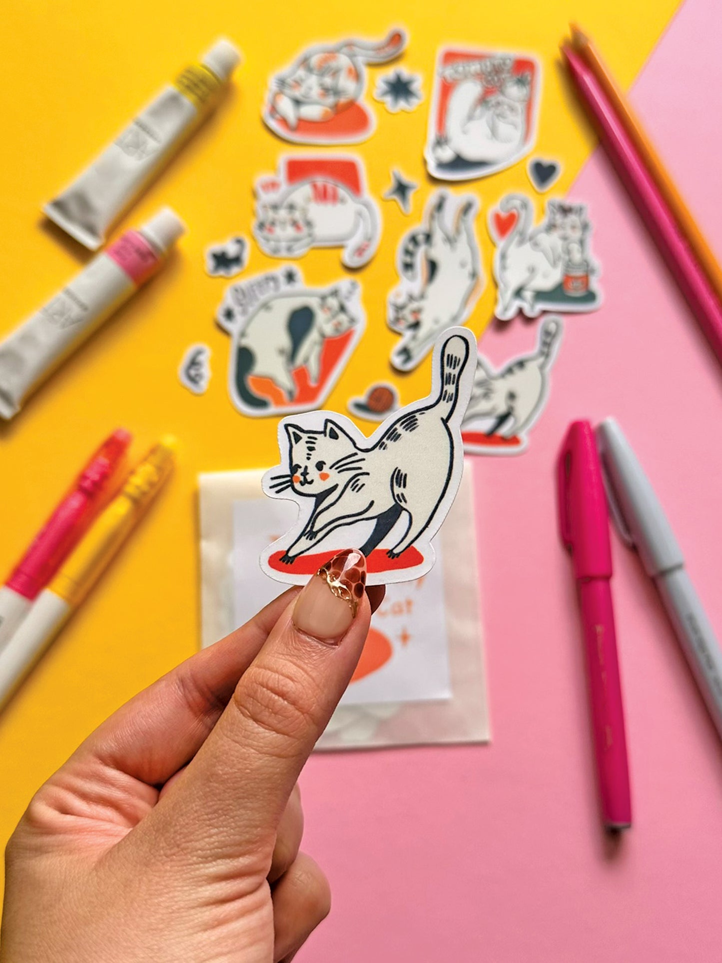 Whimsical Cat Sticker Pack - Hand-Drawn Cute Cats - Vinyl Decal Collection - Adorable Feline Art