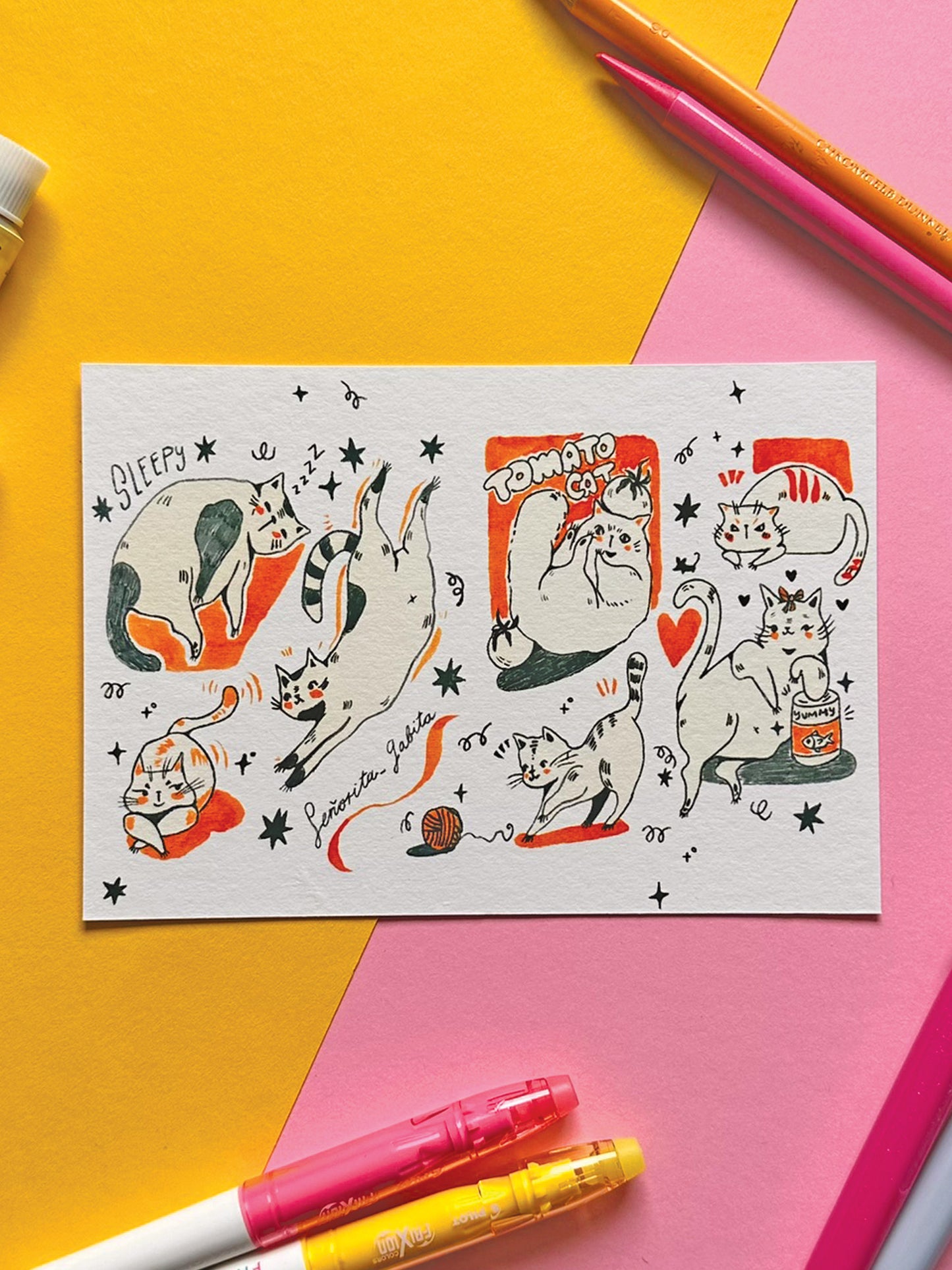 Whimsical Cat A6 Print - Hand-Drawn Adorable Cat Art on Fine Art Paper - Cat Lover's Gift