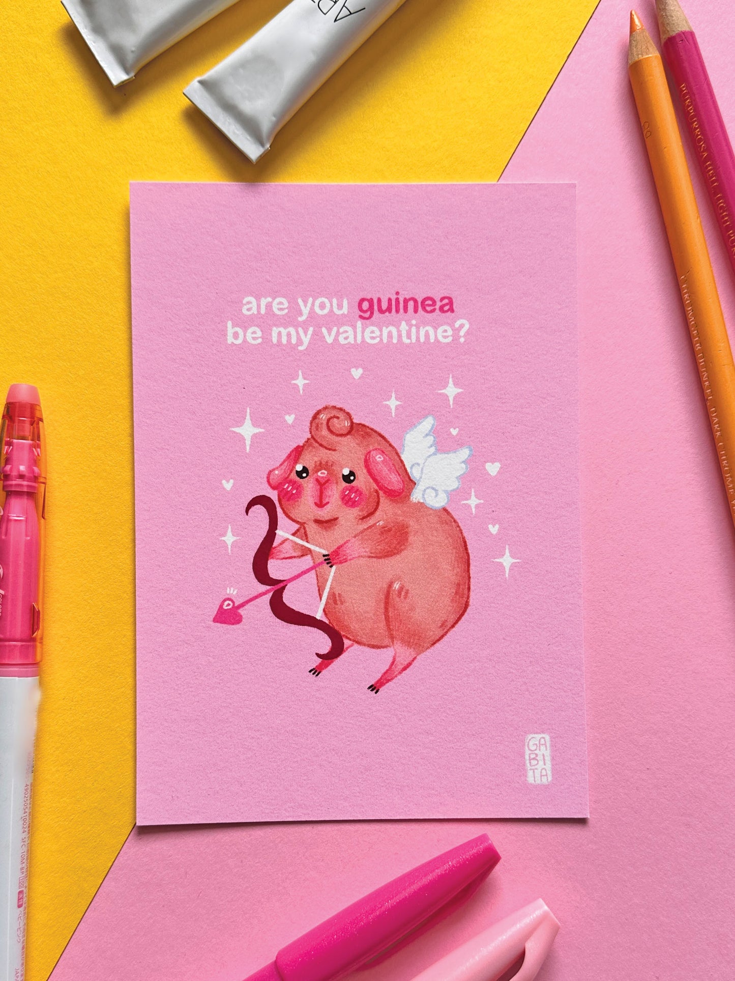 Are you gonna be my Valentine  | Cupid Valentine Card | A6 Art Print | Hand Drawn Illustration, gift, cute, cozy, animal, guinea pig