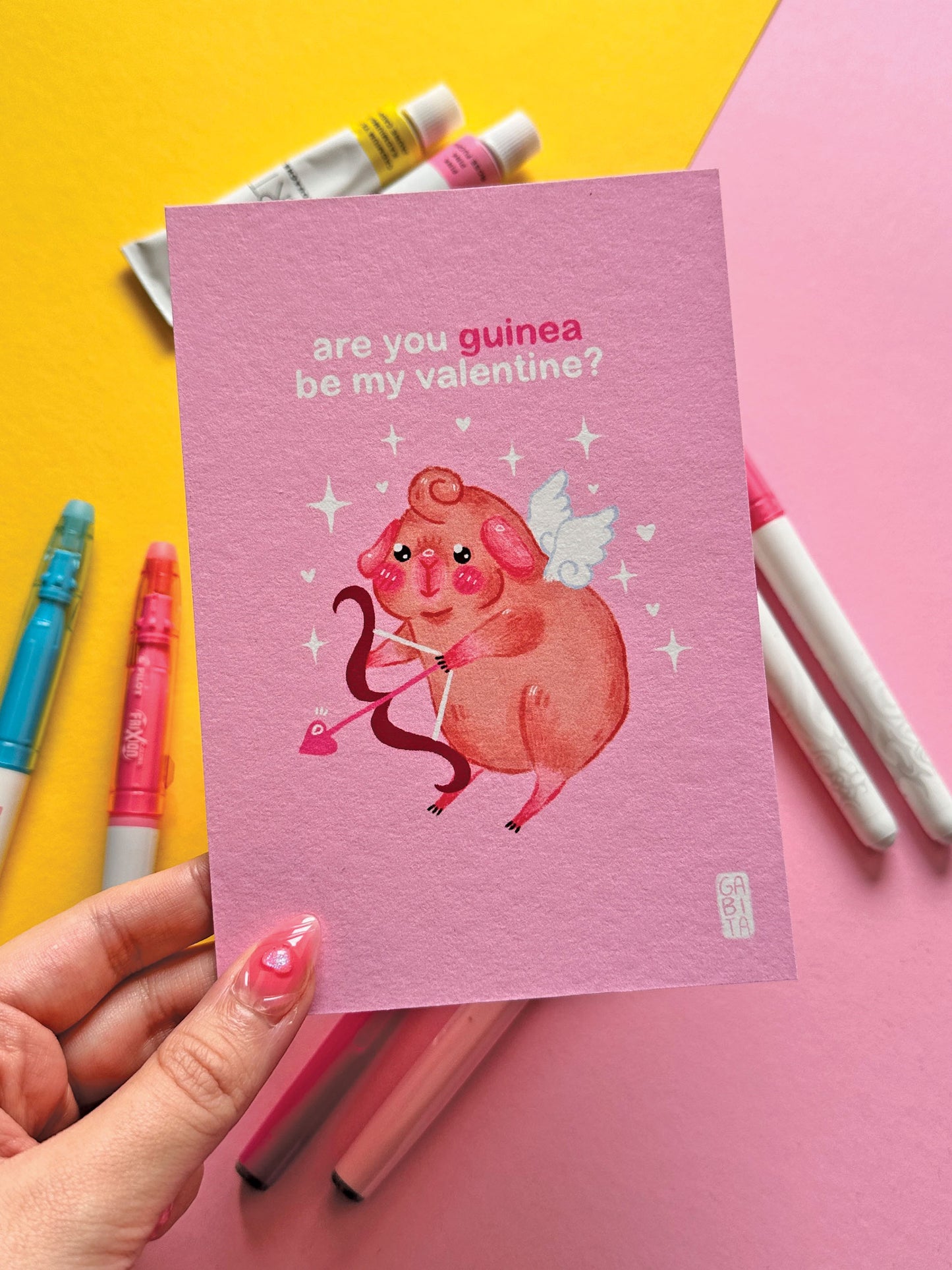 Are you gonna be my Valentine  | Cupid Valentine Card | A6 Art Print | Hand Drawn Illustration, gift, cute, cozy, animal, guinea pig